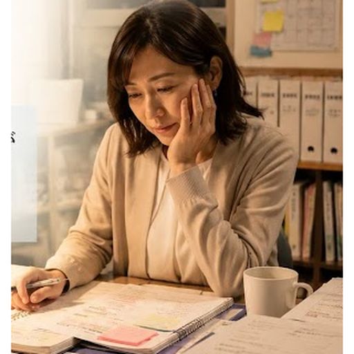 夜遅くまで書類を作成する園長先生